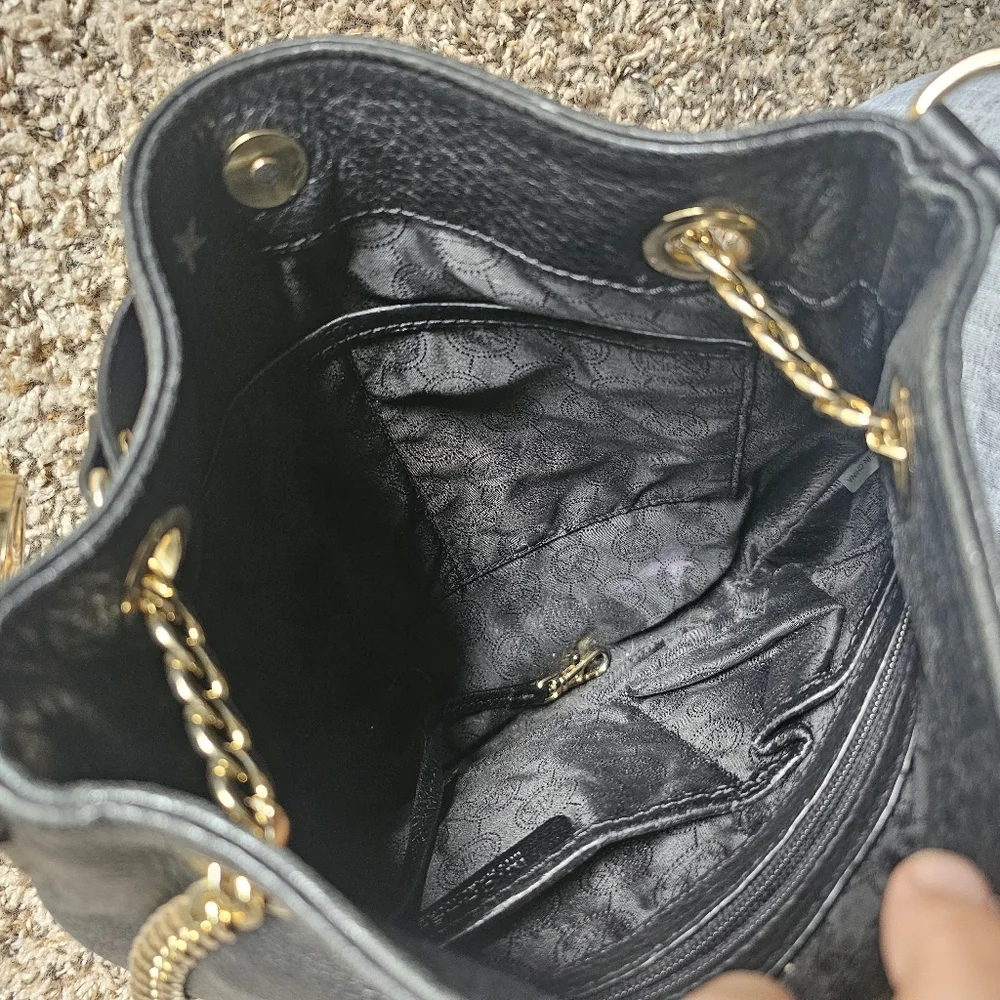 Michael Kors Black Grain Leather Golden Charm Shoulder Bag‎